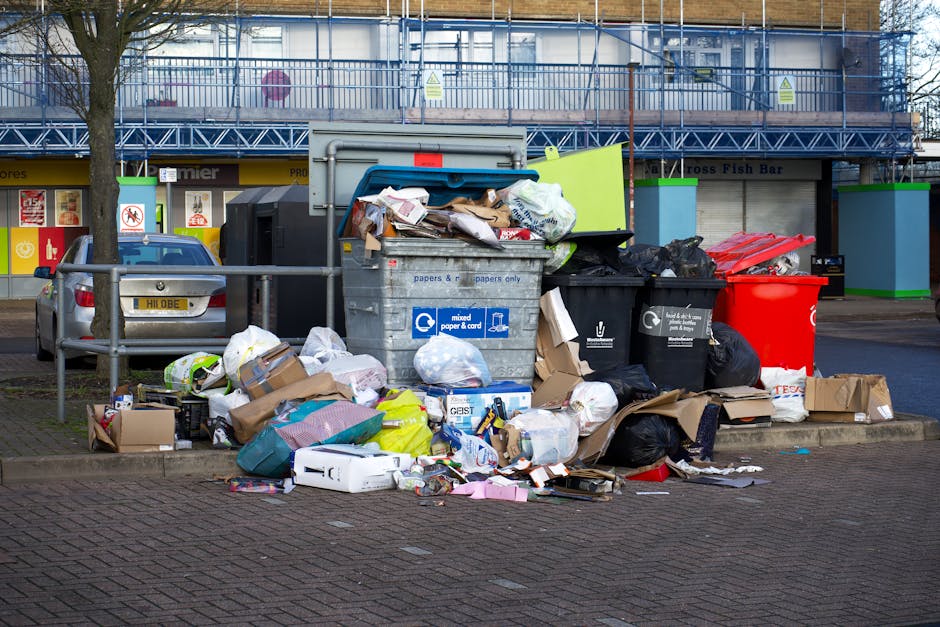 A collection of black rubbish bags, some torn open, and a cardboard box are piled against a textured, off-white wall near a red metal door. The bags appear to contain general waste and are stacked in front of the door, which is covered in graffiti and features multiple signs, including a white sign stating 'NO MONEY' and a blue and white sign that reads 'Keep clear.' The door has a brass handle on the left side and is set within a narrow, recessed frame. The surrounding environment suggests an urban setting, possibly an alleyway or service area, where private or independent waste disposal occurs outside a building. The scene indicates an area awaiting rubbish collection or disposal, highlighting the importance of proper waste management and clearance services. The overall lighting is natural, with subtle shadows cast by the rubbish bags and the door's features, emphasizing the disorderly state typical of on-site clearance activities managed by rubbish removal services such as Rubbish Collection Islington.