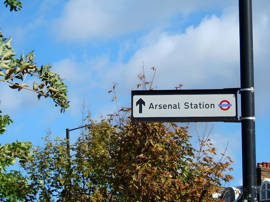 A rectangular directional sign mounted on a black metal pole indicating the way to Arsenal Station with a white background, black text reading 'Arsenal Station,' and an upward-pointing black arrow. The sign features the London Underground roundel logo with a red circle and blue bar. Surrounding the sign are the branches and leaves of trees, some with green foliage and others showing early signs of autumnal change, against a backdrop of a clear blue sky with scattered white clouds. The scene appears to be in an urban environment, possibly along a street or public walkway, with parts of rooftops and chimneys visible in the lower right corner. The sign and pole are in clear focus, highlighting the natural and infrastructural elements of this street scene related to travel and transportation.