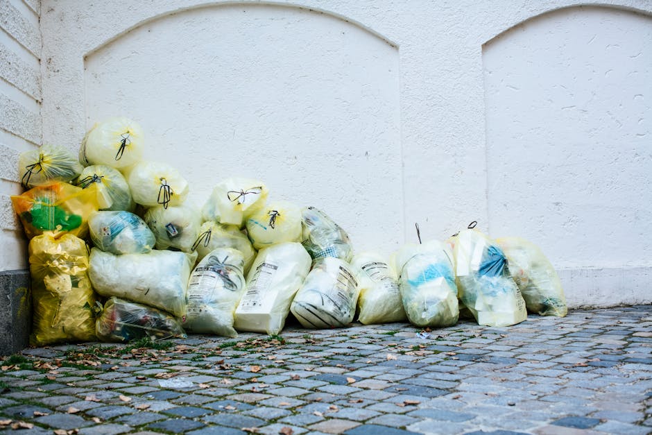 A collection of numerous garbage bags, predominantly yellow, white, and transparent, stacked against a white textured brick and plaster wall on a cobblestone surface. The bags are tied with black or yellow twist ties and contain various waste materials, with some appearing bloated and others flattened. The bags are placed haphazardly, with no particular order, and are situated in a narrow outdoor space adjacent to a building, possibly a back alley or side yard. The cobblestones beneath the bags are uneven, with small scattered leaves and debris around the base. The scene is lit by natural daylight, providing clear visibility of the different textures of the plastic bags, cobblestones, and wall surface. The setting reflects a typical area awaiting collection or an alternative waste disposal method, aligning with the services offered by Rubbish Collection Islington for on-site or private rubbish removal.