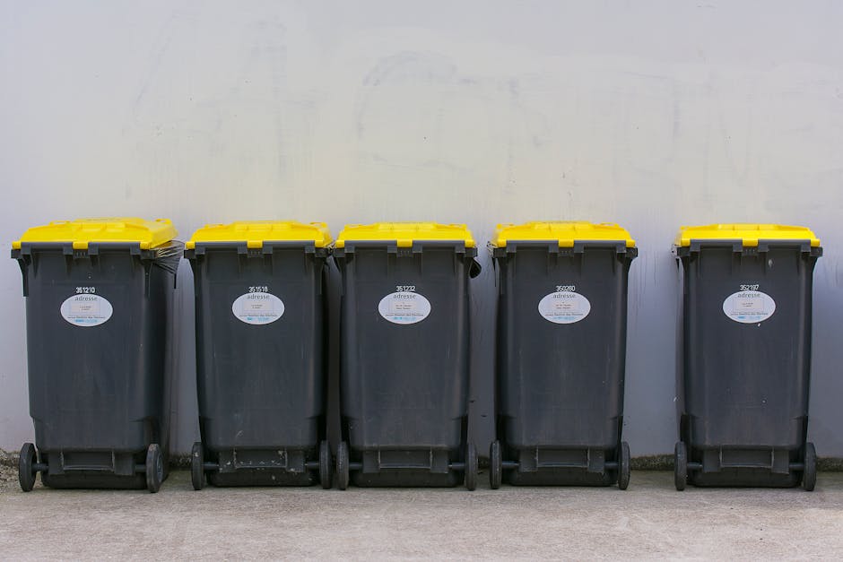 Five large wheeled rubbish bins with black bodies and yellow lids are positioned in a straight line on a concrete surface against a plain, light-colored wall. Each bin features a white oval label with identification numbers and barcodes, indicating they are designated for waste collection. The bins are uniform in size and design, with textured surfaces and sturdy plastic construction. The background is unadorned, emphasizing the functional scene typical of commercial or residential waste management. The bins are arranged neatly, with some on the right slightly closer together, reflecting an organized approach to private rubbish disposal or external waste collection services. The scene is illuminated with natural light, minimizing shadows and highlighting the clean, maintained appearance of the bins, which are part of an alternative to traditional municipal rubbish collection, aligned with independent waste management methods handled by companies such as Rubbish Collection Islington.